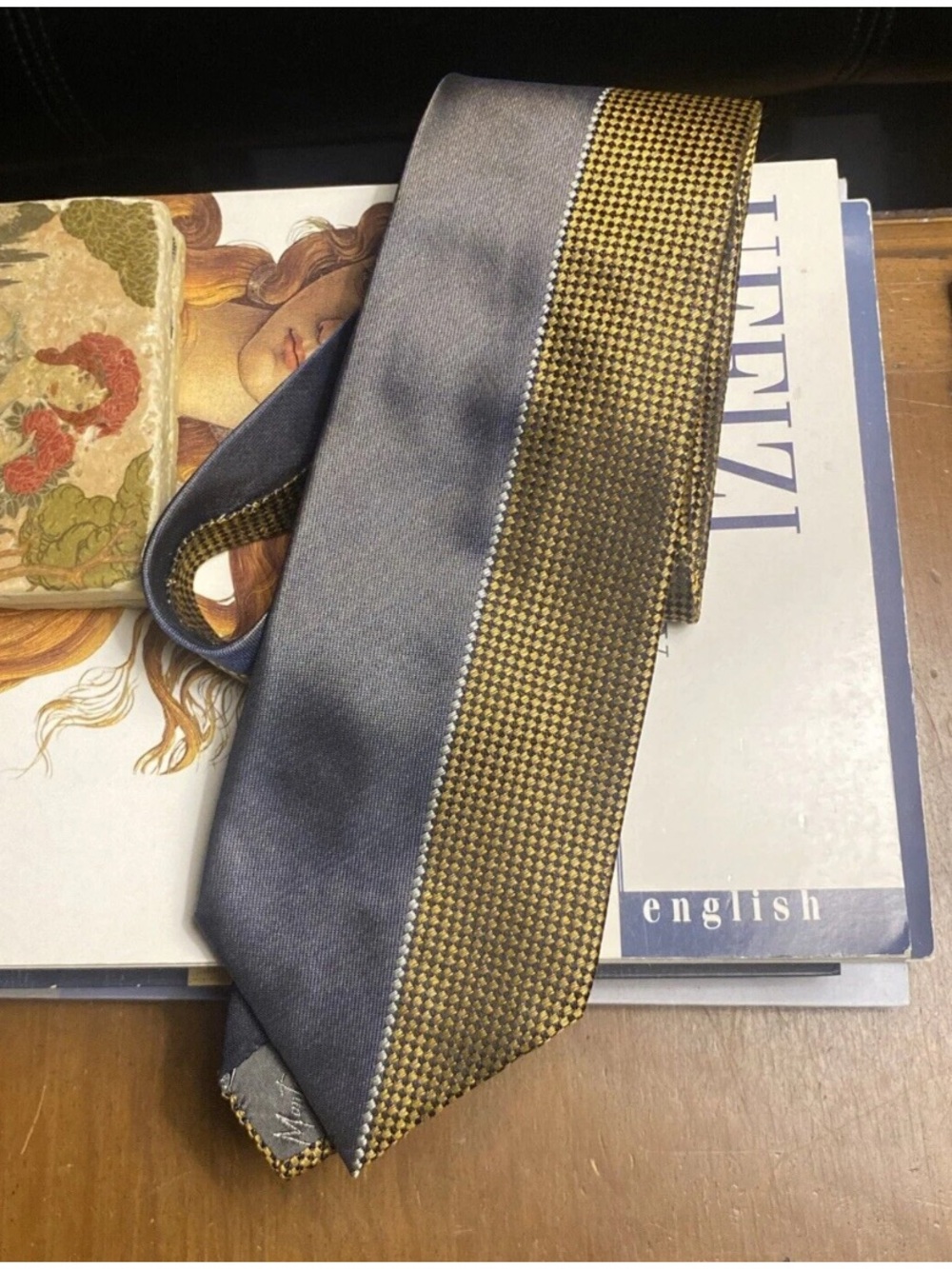 Vintage 80s 90s Claude Montana Paris Neck Tie-Made In Italy-Gray/Gold-100% Silk